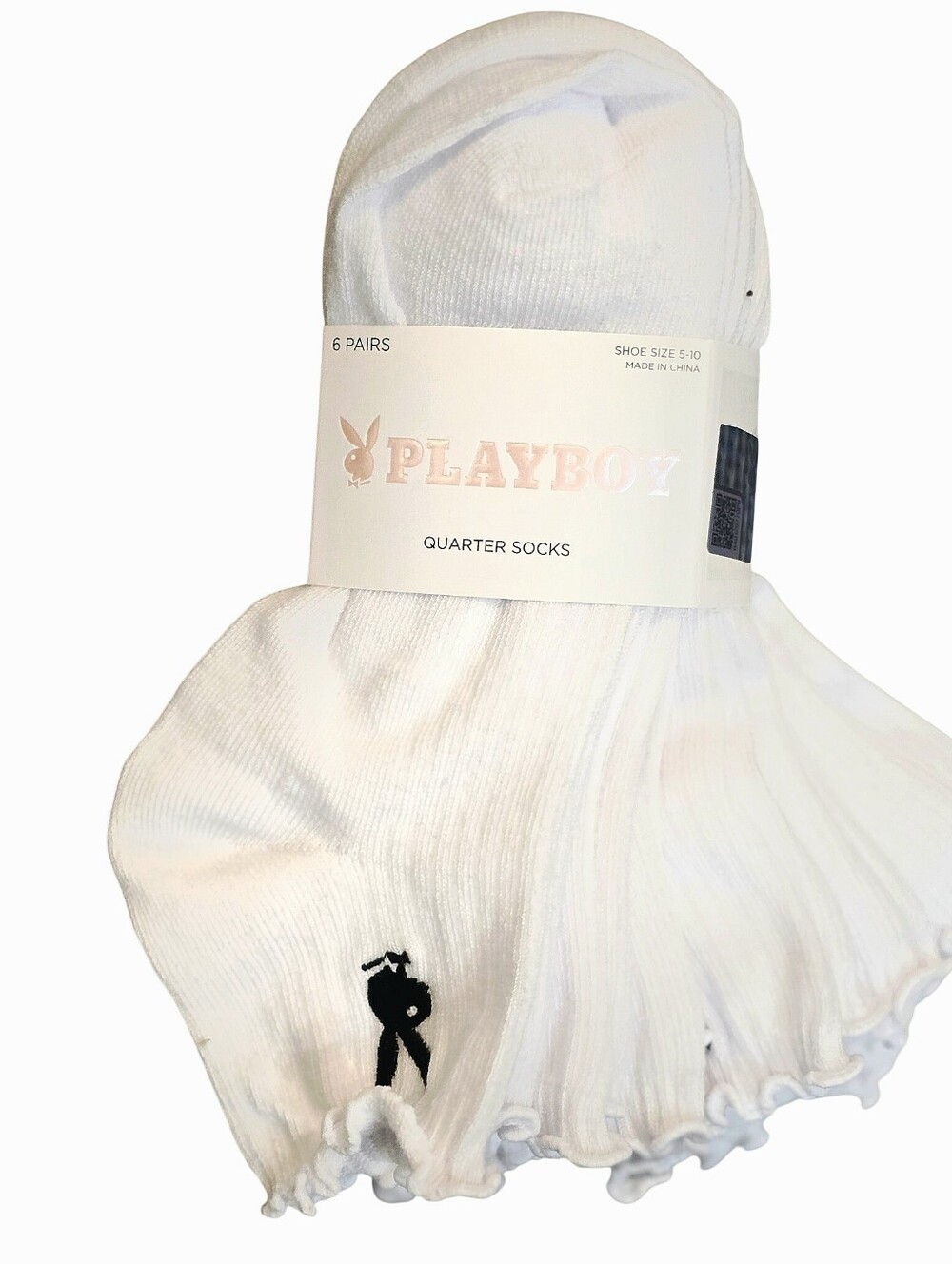 Playboy 6-PK Bunny Logo Ruffled Quarter Socks- White/Black